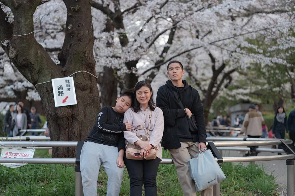 桜のそばで並ぶ三人