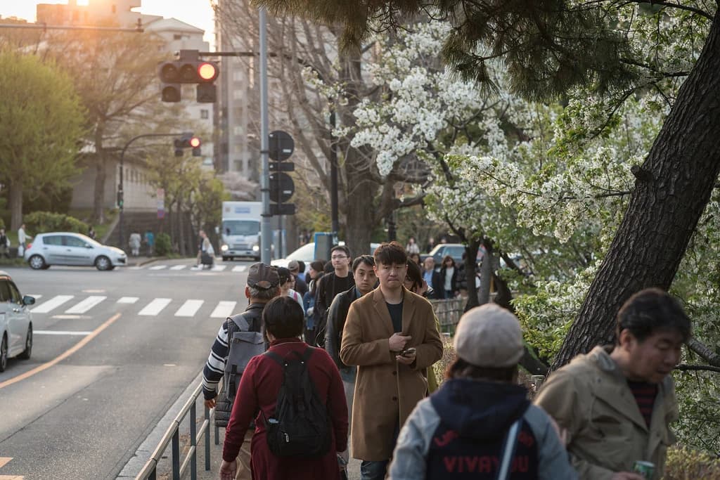 並木の歩道に続く人たち