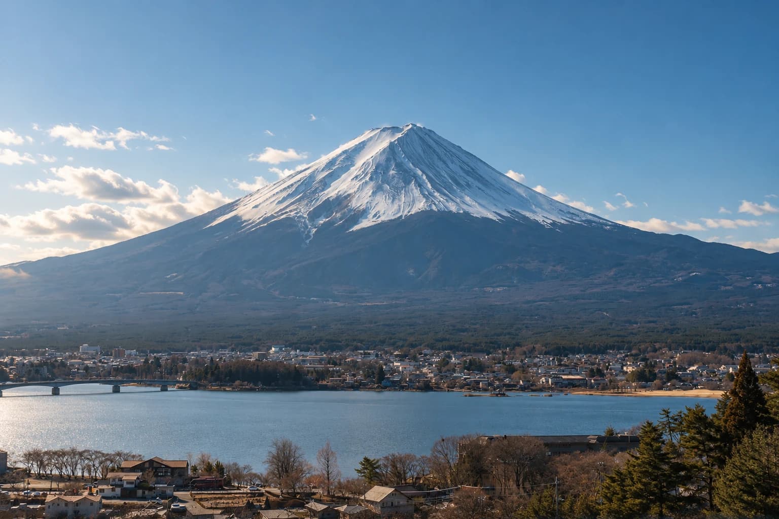 湖畔の街の向こうにそびえる山