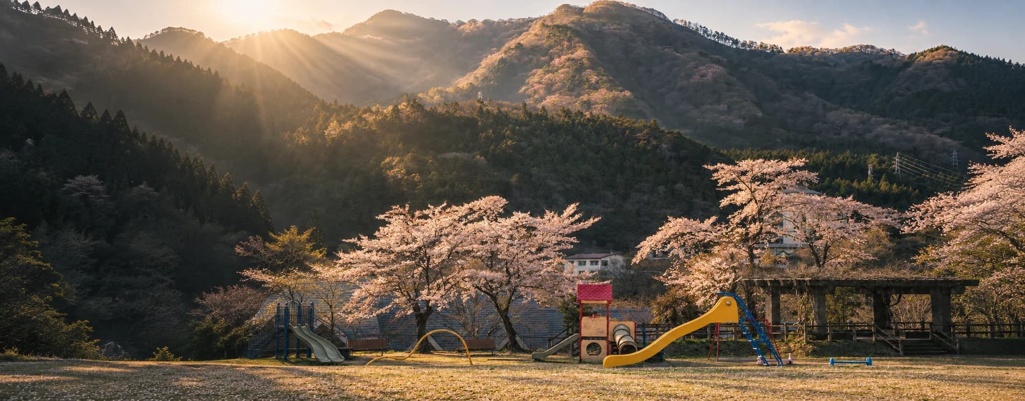 春の桜と公園の遊具を描いたビジュアルスタディ