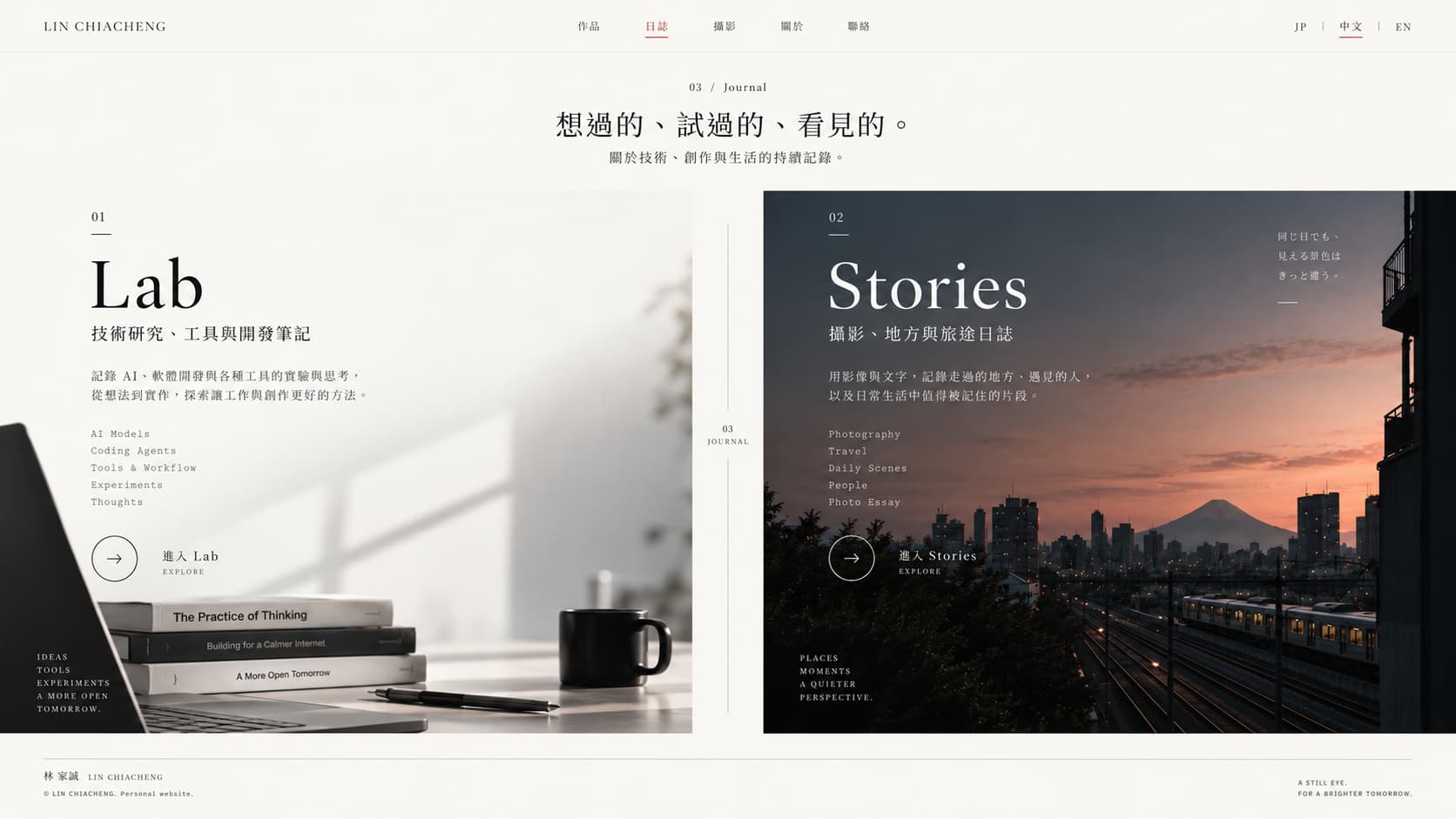 Lab と Stories を左右に並べた KENLIN.CC Journal ページの画像